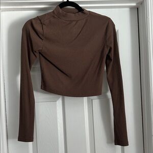 Brown Ribbed Long Sleeve mock neck Crop Top